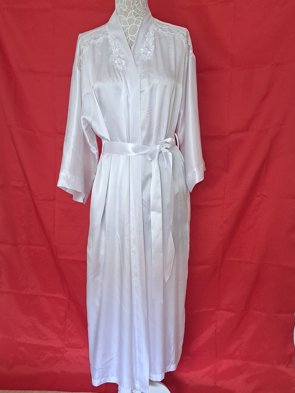 Private Luxuries White Satin Robe with Floral Trim - Women Intimates & Sleepwear